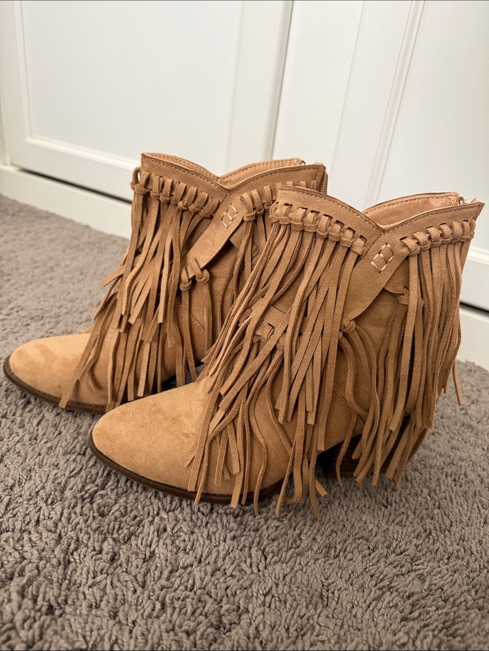 Fringe Suede Ankle Boots - Tan Women's Western Booties